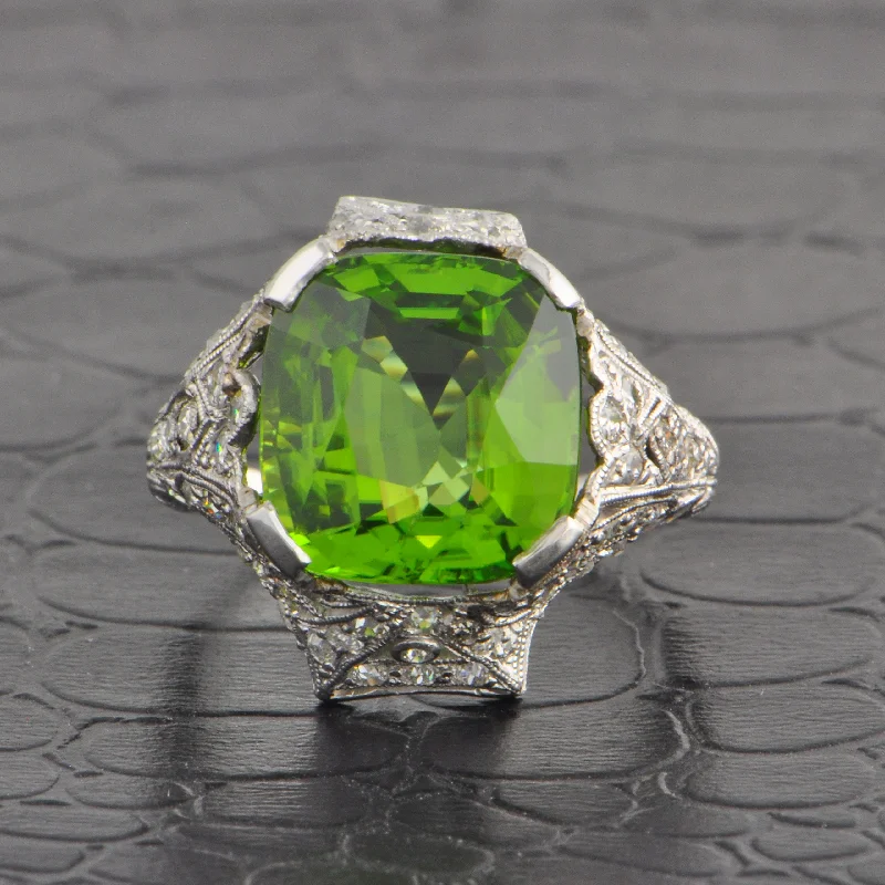Handmade Pearl Jewelry For Timeless Elegance Antique Art Deco Peridot and Diamond Ring in Platinum