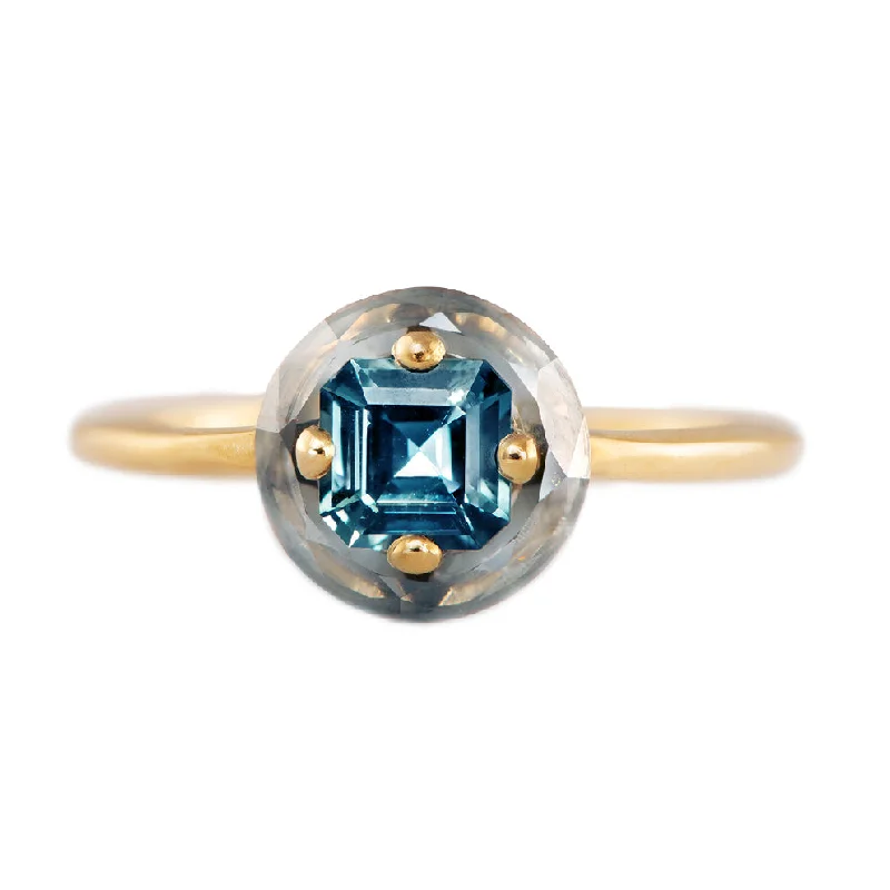 Bestselling Jewelry At Special Promotional Rates Diamond Sphere Ring with Asscher Cut Teal Sapphire - OOAK