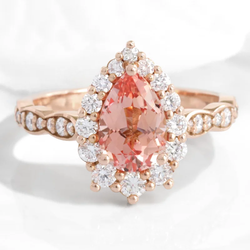 Dazzle With Discounts – Shop Jewelry On Sale Large Pear Peach Sapphire Ring in Tiara Halo Diamond Scalloped Band Dazzle With Discounts – Shop Jewelry On Sale Large Pear Peach Sapphire Ring in Tiara Halo Diamond Scalloped Band
