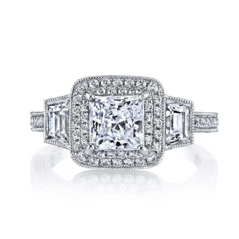 Elegant Designs, Unbeatable Discounts – Shop Jewelry Now Mars Bridal Vintage Princess Halo Three Stone Trapezoid Sides w/ Filigree & Milgrain Detailing Diamond Engagement Ring 25229