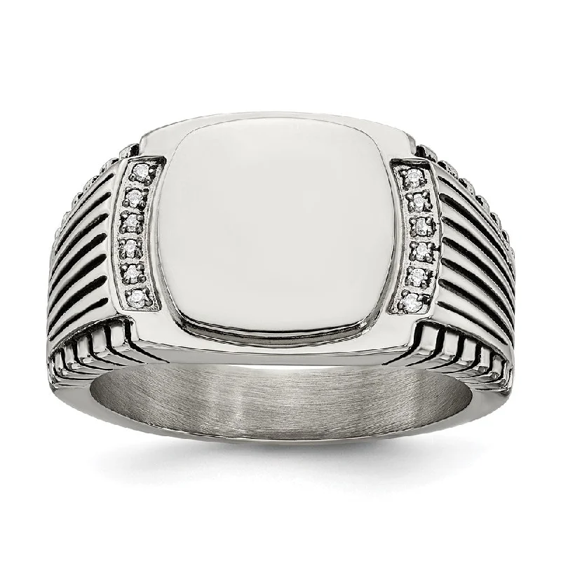 Men's 12mm Stainless Steel & CZ Polished/Antiqued Tapered Ring