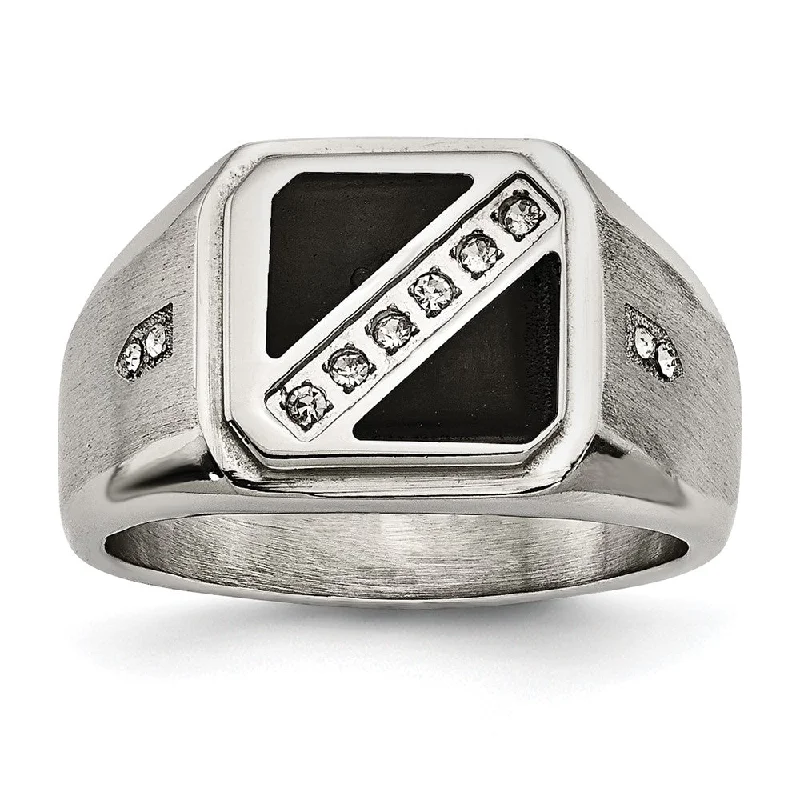 Men's 13mm Stainless Steel Black Enamel & CZ Tapered Ring