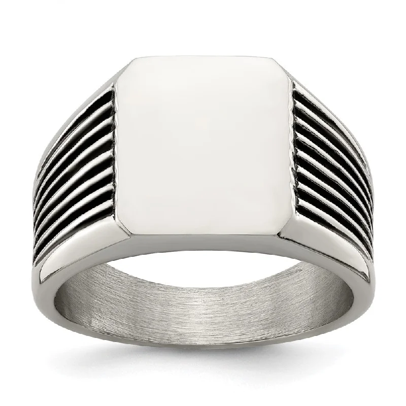 Men's 13mm Stainless Steel & Black Enamel Grooved Tapered Signet Ring