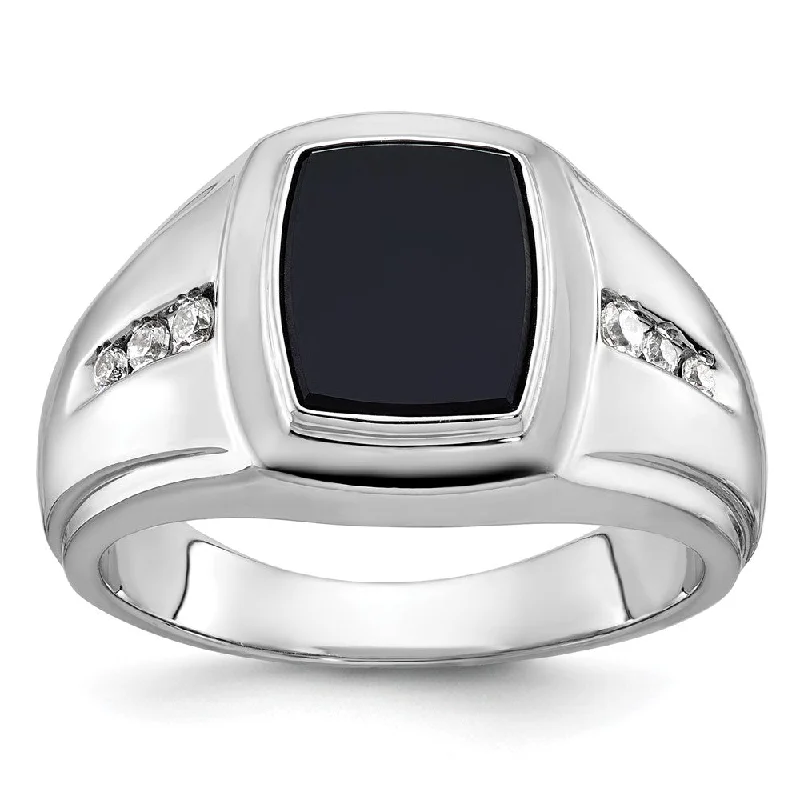 Men's 14.5mm 14K White Gold, Onyx & 1/8 Ctw Diamond Tapered Band