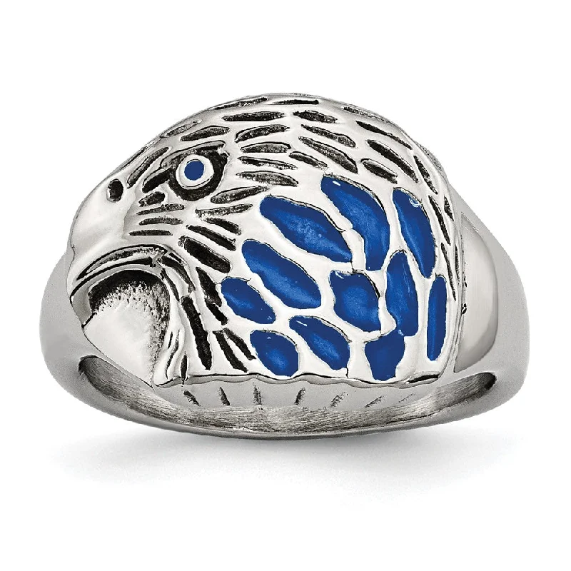 Men's 15mm Stainless Steel Blue Enamel Eagle Tapered Ring