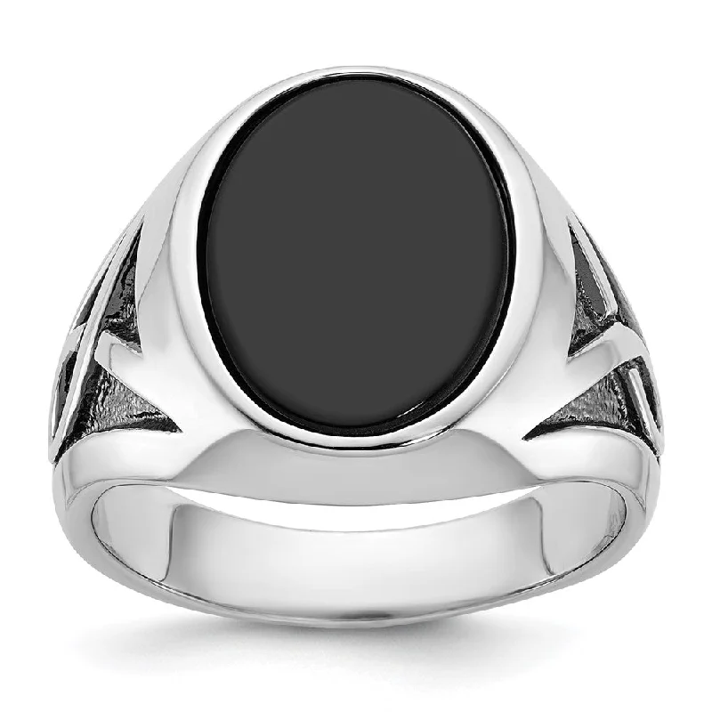 Men's 17mm 14K White Gold, Black Rhodium & Oval Onyx Tapered Ring