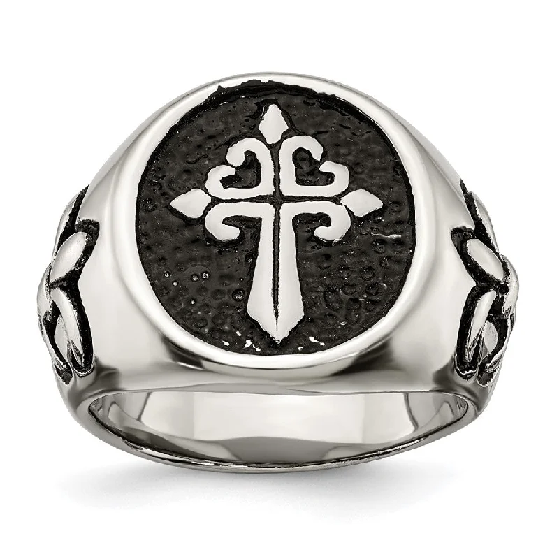 Men's 17mm Stainless Steel Fleur de Lis Cross Tapered Ring