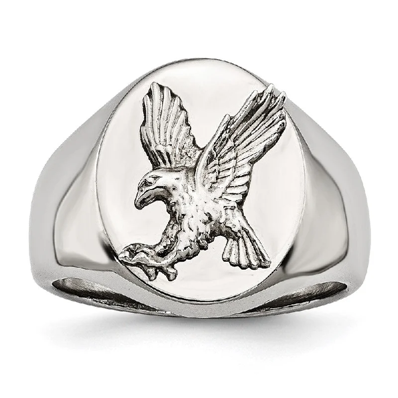 Men's 17mm Stainless Steel & Rhodium Plated Sterling Silver Eagle Ring