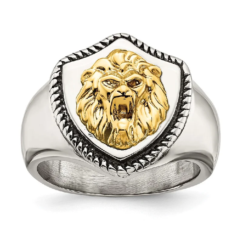 Men's 18mm Stainless Steel & 14K Gold Accent Lion Shield Ring