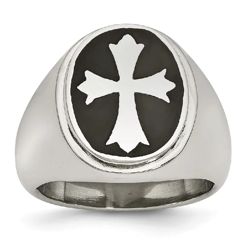 Men's 18mm Stainless Steel & Black Enamel Cross Tapered Ring