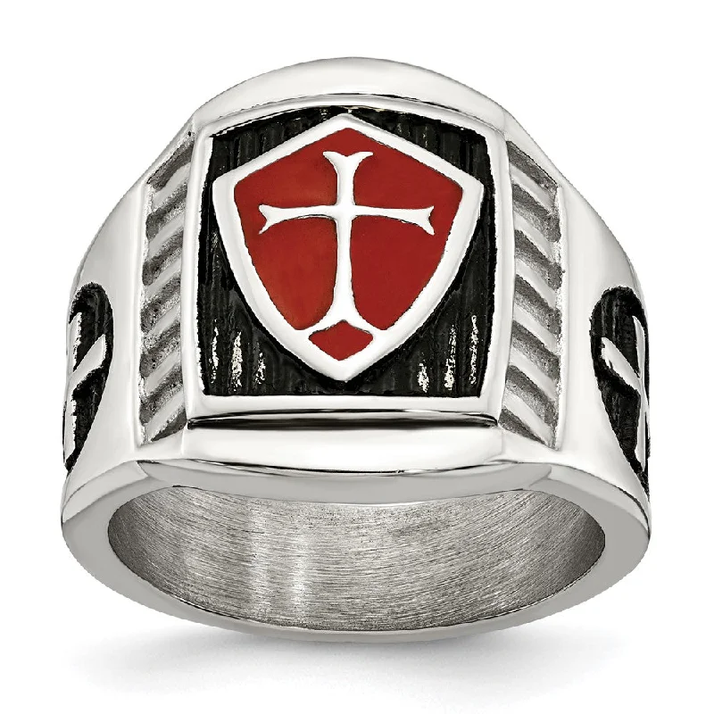 Men's 19mm Stainless Steel Red Enamel Cross Shield Tapered Ring