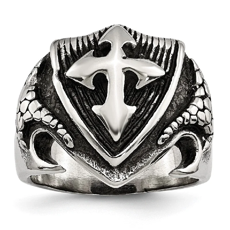 Men's 20mm Stainless Steel Antiqued Shield Cross Tapered Ring