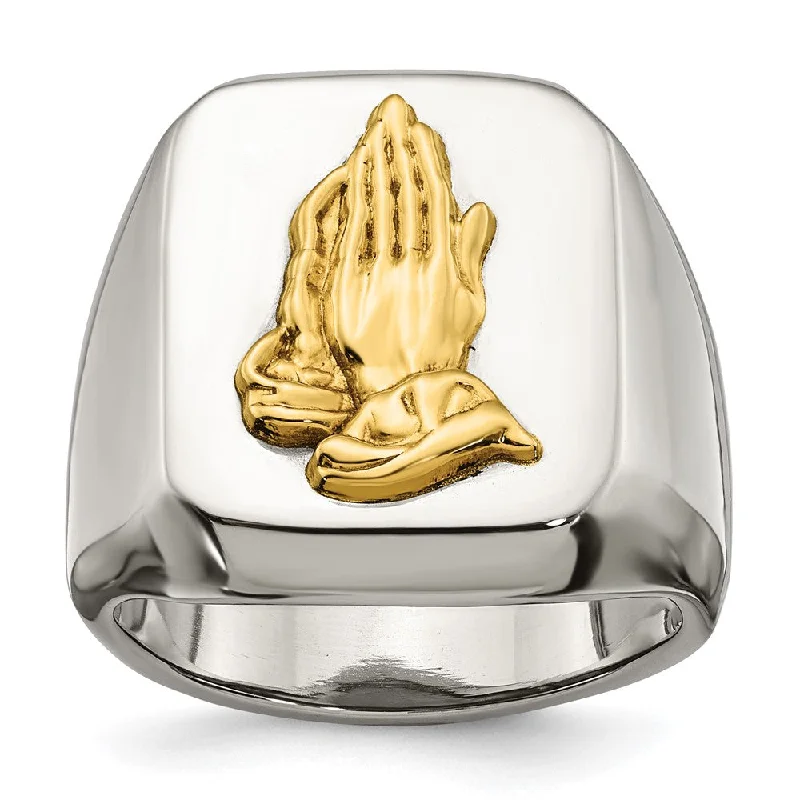 Men's 20mm Stainless Steel w/14K Gold Accent Praying Hands Ring