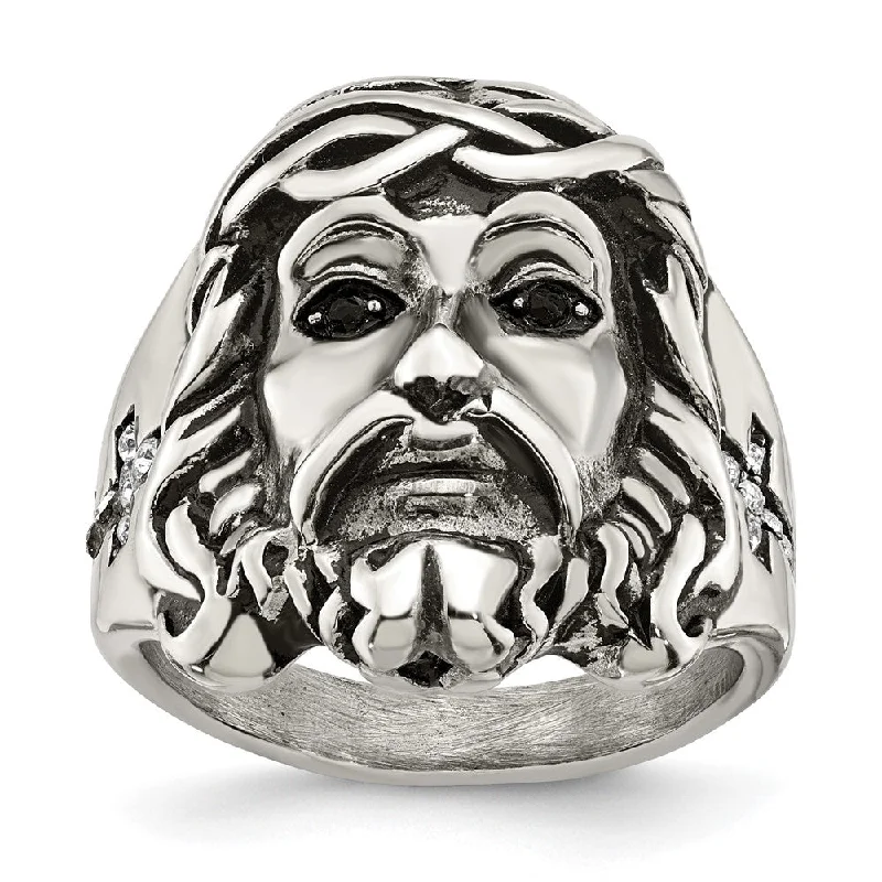 Men's 25mm Stainless Steel & Crystal Jesus Cross Tapered Ring