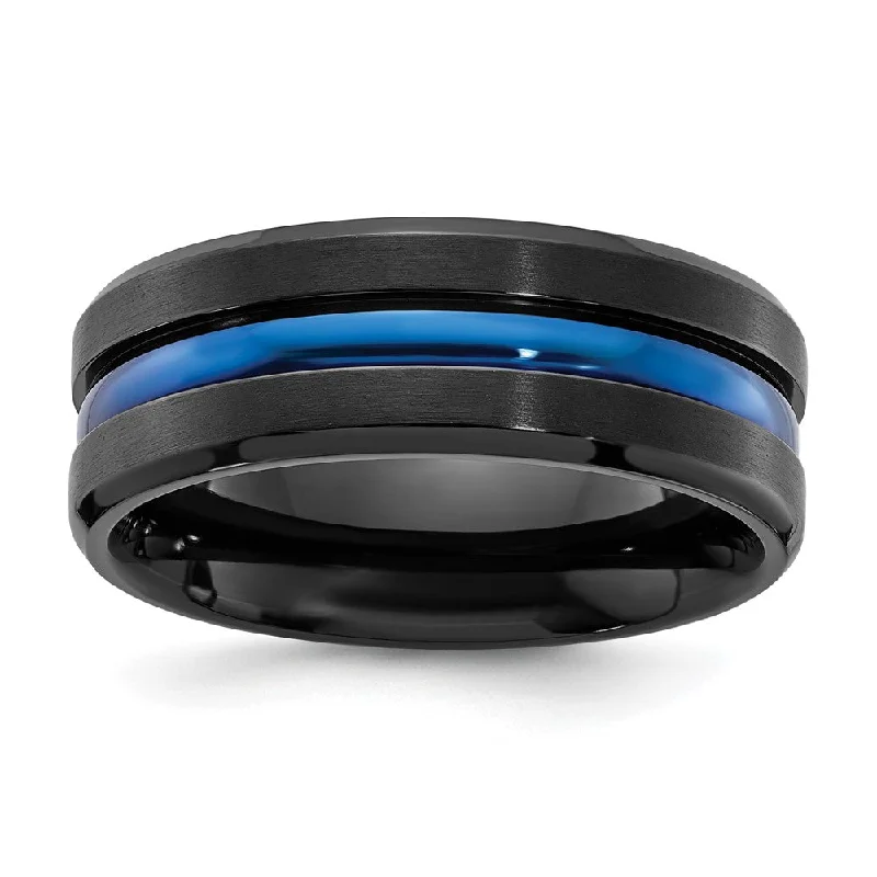 Shop Stylish Jewelry Now And Save Big Men's 8mm Black & Blue Plated Titanium Grooved Standard Fit Band