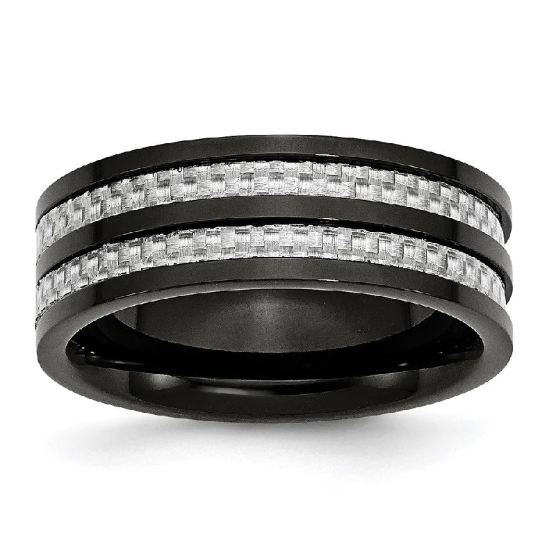 Premium Jewelry Now Available At Special Discounts Men's 8mm Black Plated Titanium Gray Carbon Fiber Standard Fit Band
