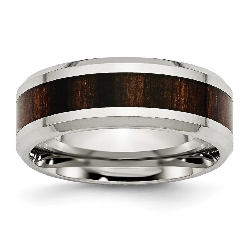 Bestselling Jewelry At Special Promotional Rates Men's 8mm Stainless Steel Blk Koa Wood Enamel Beveled Comfort Fit Band