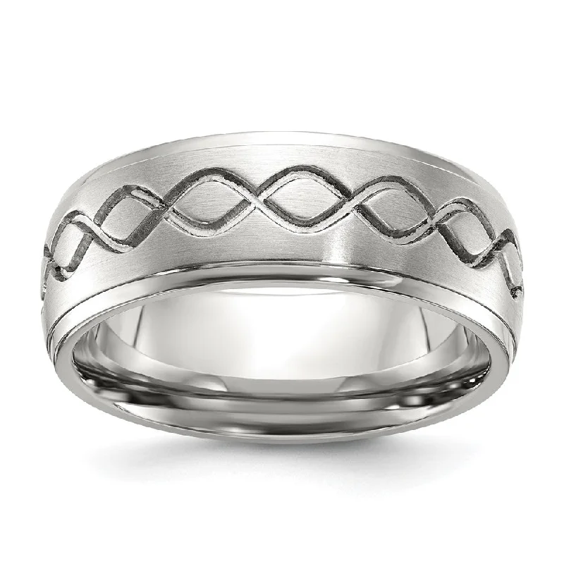 Personalized Jewelry Sale – Meaningful Gifts At Great Prices Men's 8mm Stainless Steel Brushed Scroll Design Ridged Edge Band