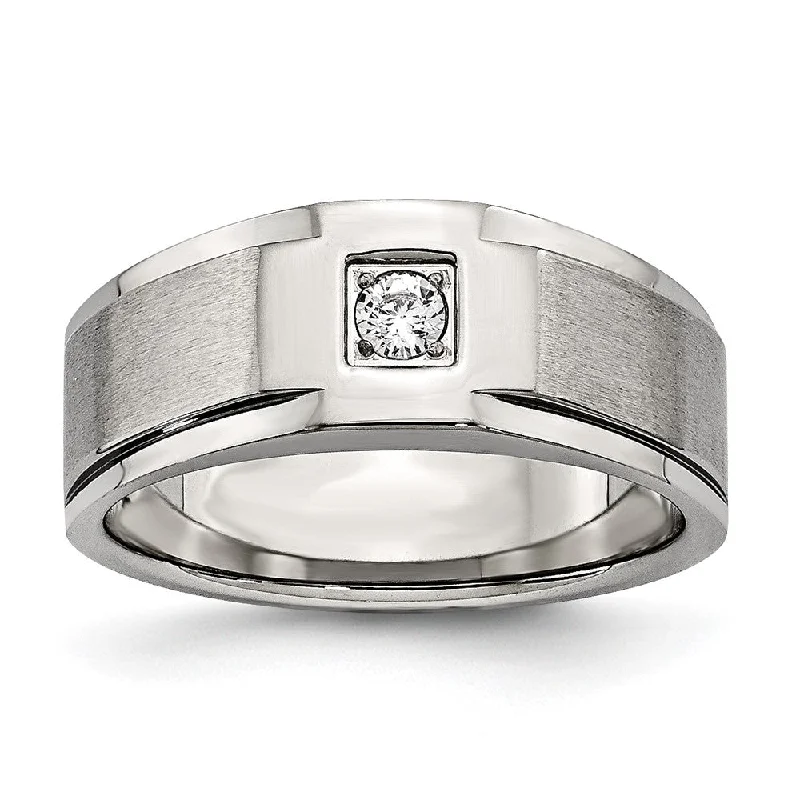 Grab Your Favorite Jewelry At The Lowest Prices Men's 8mm Stainless Steel & CZ Brushed & Polished Tapered Ring