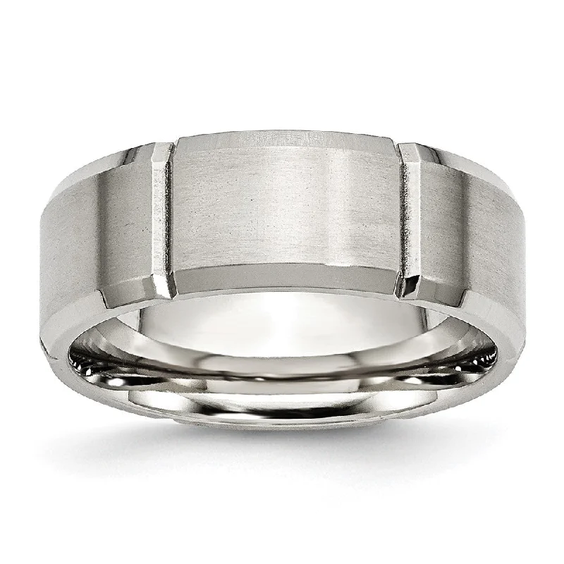 Fashion-Forward Jewelry At Incredible Prices Men's 8mm Stainless Steel Grooved & Beveled Edge Standard Fit Band