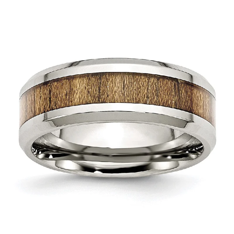 Limited-Stock Jewelry Sale – Once It's Gone, It's Gone Men's 8mm Stainless Steel Koa Wood & Enamel Beveled Standard Fit Band