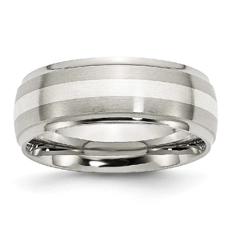 Timeless Elegance, Temporary Discounts – Act Fast Mens 8mm Stainless Steel Sterling Silver Inlay Brushed Ridge Edge Band Timeless Elegance, Temporary Discounts – Act Fast Mens 8mm Stainless Steel Sterling Silver Inlay Brushed Ridge Edge Band