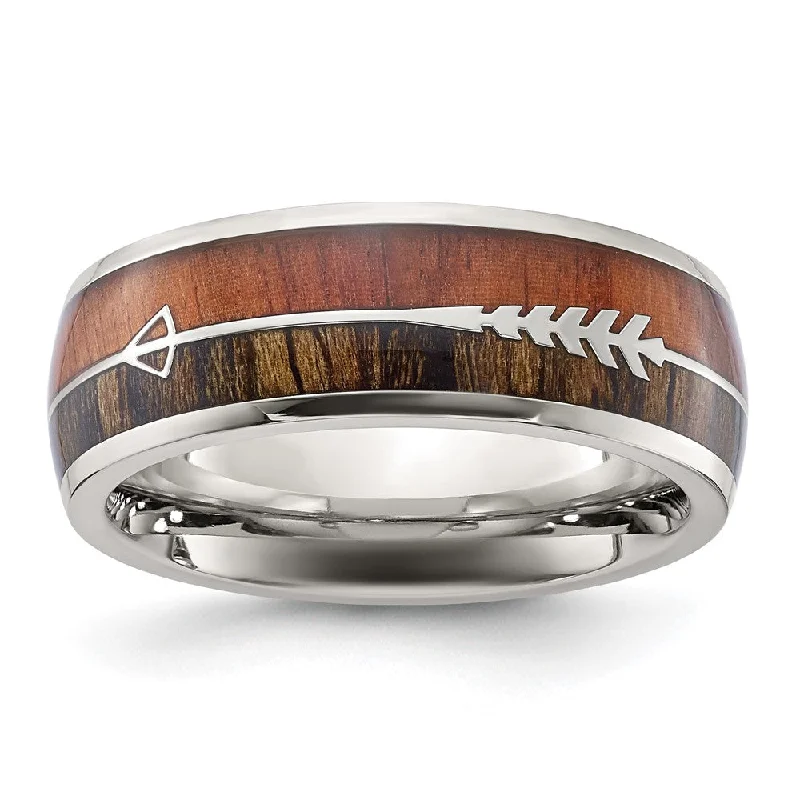 Luxury Meets Affordability – Jewelry Sale Now Live Men's 8mm Stainless Steel Wood & Enamel Inlay Arrow Design Domed Band