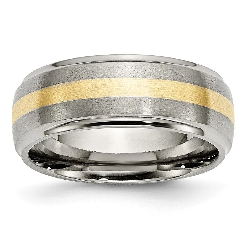 Unmissable Jewelry Clearance – Final Reductions Mens 8mm Titanium & 14k Gold Inlay Domed Ridged Edge Standard Fit Band Unmissable Jewelry Clearance – Final Reductions Mens 8mm Titanium & 14k Gold Inlay Domed Ridged Edge Standard Fit Band