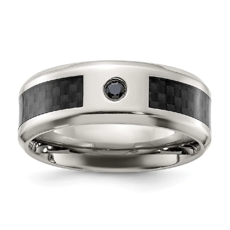 Unmissable Jewelry Sale – Shop Before It's Too Late Men's 8mm Titanium Black Carbon Fiber & Black CZ Beveled Edge Band