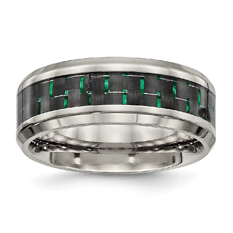 Make Every Moment Shine – Jewelry Discounts Available Men's 8mm Titanium Black/Green Carbon Fiber Beveled Comfort Fit Band