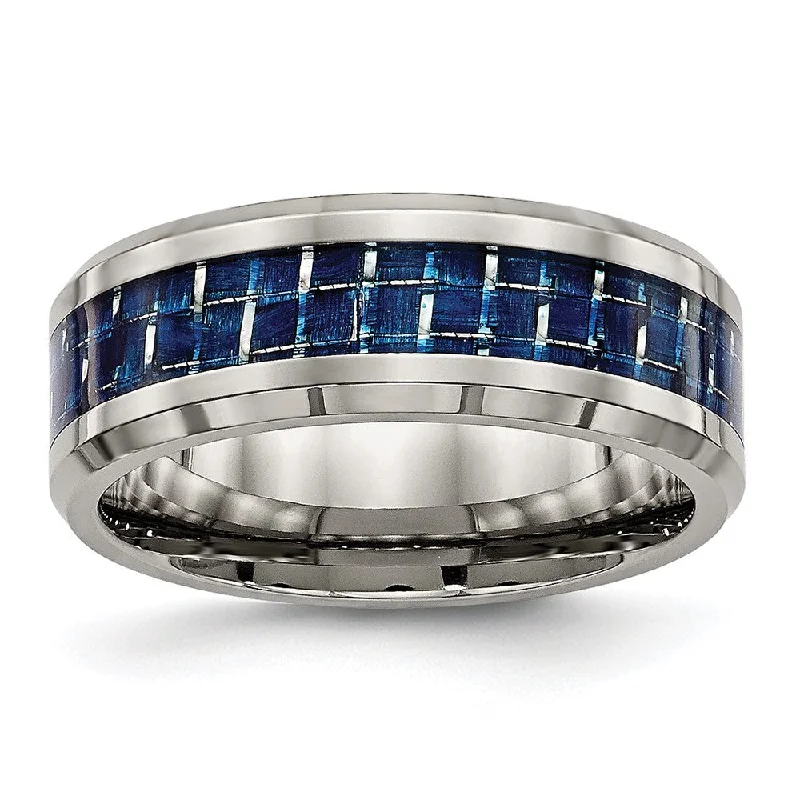 The Perfect Jewelry Piece At The Perfect Price Men's 8mm Titanium & Blue Carbon Fiber Beveled Edge Comfort Fit Band