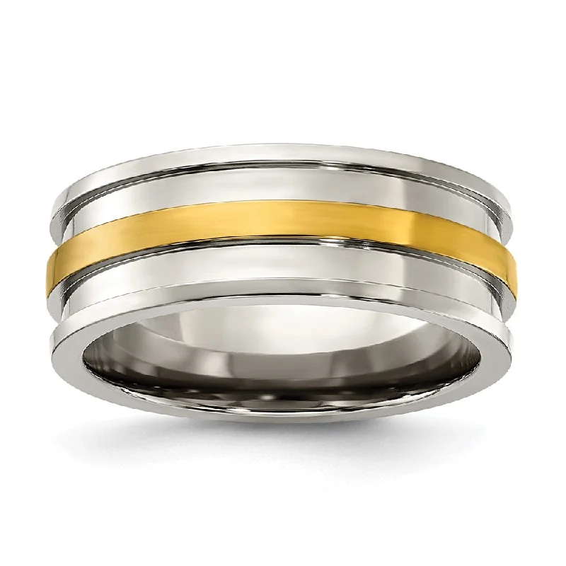 Buy More, Save More – Special Jewelry Discounts Men's 8mm Titanium & Gold Tone Grooved Standard Fit Band