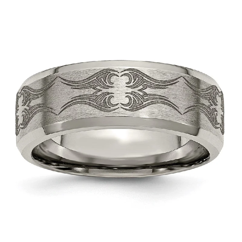 Best Jewelry Deals – Shop Premium Pieces At Great Prices Men's 8mm Titanium Laser Cut Design Beveled Edge Standard Fit Band