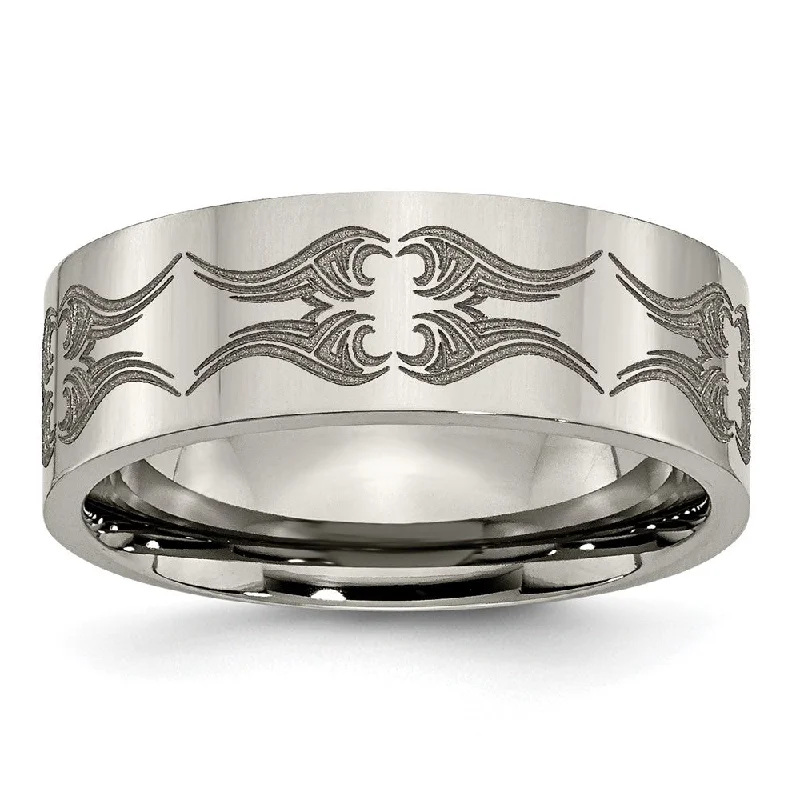 High-End Jewelry, Now More Affordable Than Ever Men's 8mm Titanium Laser Cut Design Polished Flat Standard Fit Band