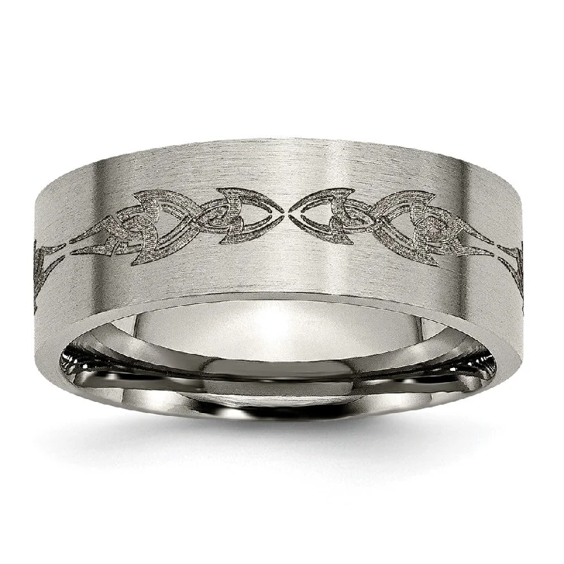 Shop Jewelry That Shines Without The High Price Men's 8mm Titanium Laser Cut Tribal Brushed Flat Standard Fit Band