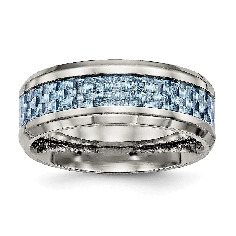 Chic, Trendy, And Affordable Jewelry Sale Men's 8mm Titanium & Light Blue Carbon Fiber Beveled Comfort Fit Band