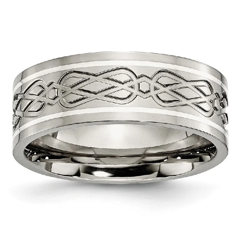 Get Ready To Sparkle – Special Jewelry Discounts Men's 8mm Titanium Sterling Silver Inlay Grooved Celtic Knot Flat Band
