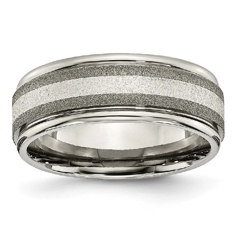 The Perfect Jewelry Piece At The Perfect Discount Mens 8mm Titanium Sterling Silver Inlay Stone Finish Grooved Edge Band The Perfect Jewelry Piece At The Perfect Discount Mens 8mm Titanium Sterling Silver Inlay Stone Finish Grooved Edge Band