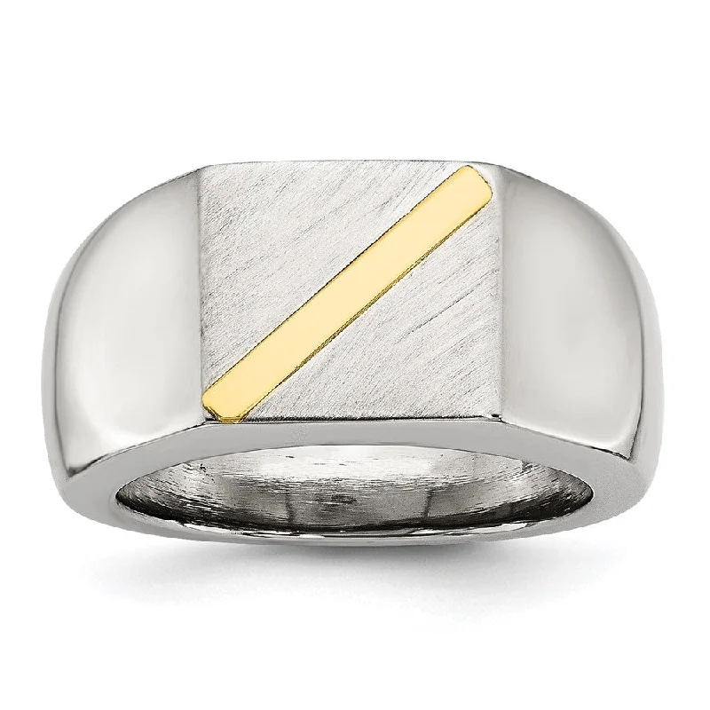 Classic And Modern Jewelry Styles On Sale Men's Stainless Steel & 14K Gold Accent Stripe Signet Tapered Ring Classic And Modern Jewelry Styles On Sale Men's Stainless Steel & 14K Gold Accent Stripe Signet Tapered Ring