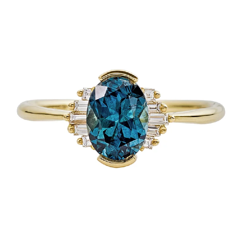 Limited-Time Offer On Elegant Jewelry Pieces OOAK Oval Cut Teal Sapphire Engagement Ring with White Diamond Wings