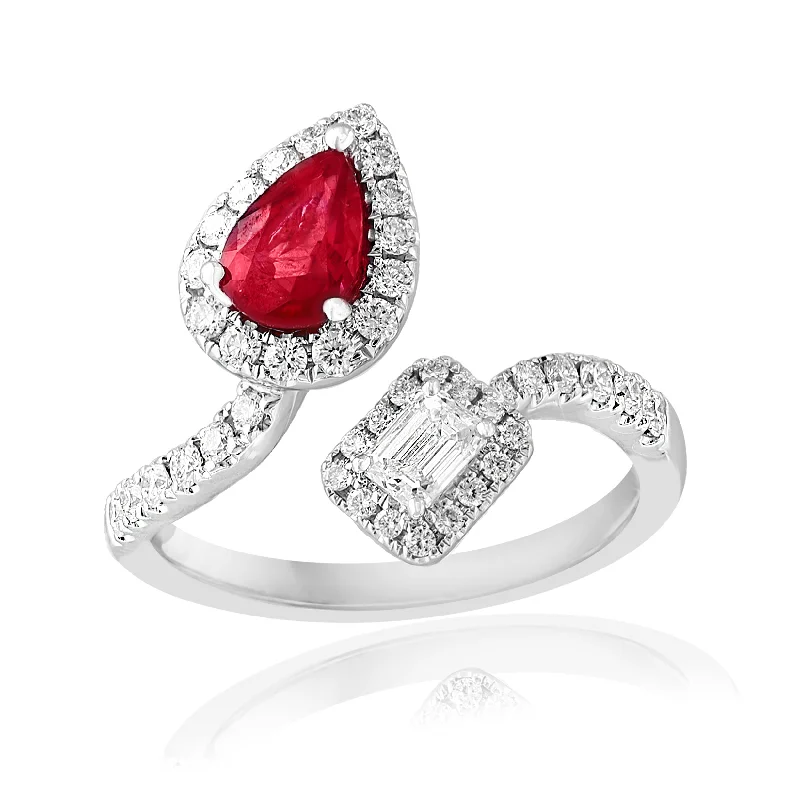 Holiday Jewelry Sale – Perfect Gifts At Great Prices Ruby and Diamond Bypass Style Ring in 18k White Gold