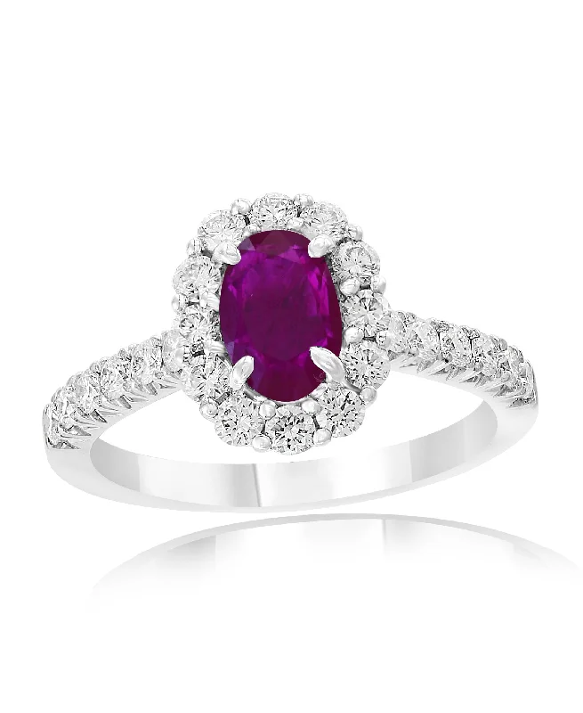 Fashion-Forward Geometric Jewelry For Contemporary Style Ruby and Diamond Halo Ring in 18k White Gold