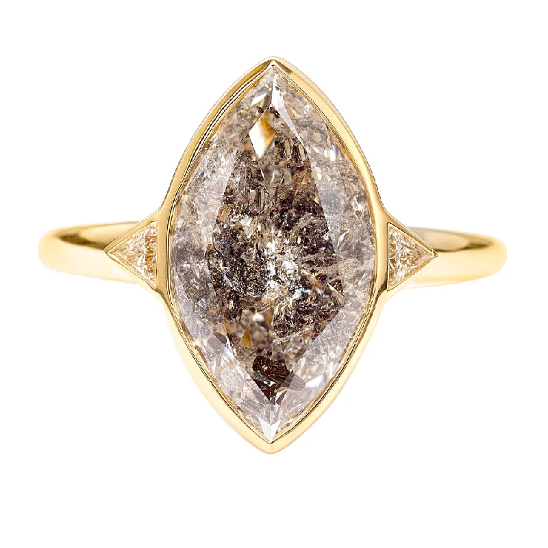 Dainty Floral Jewelry For Feminine Elegance Salt and Pepper Engagement Ring with a 3 Carat Marquise Diamond - OOAK
