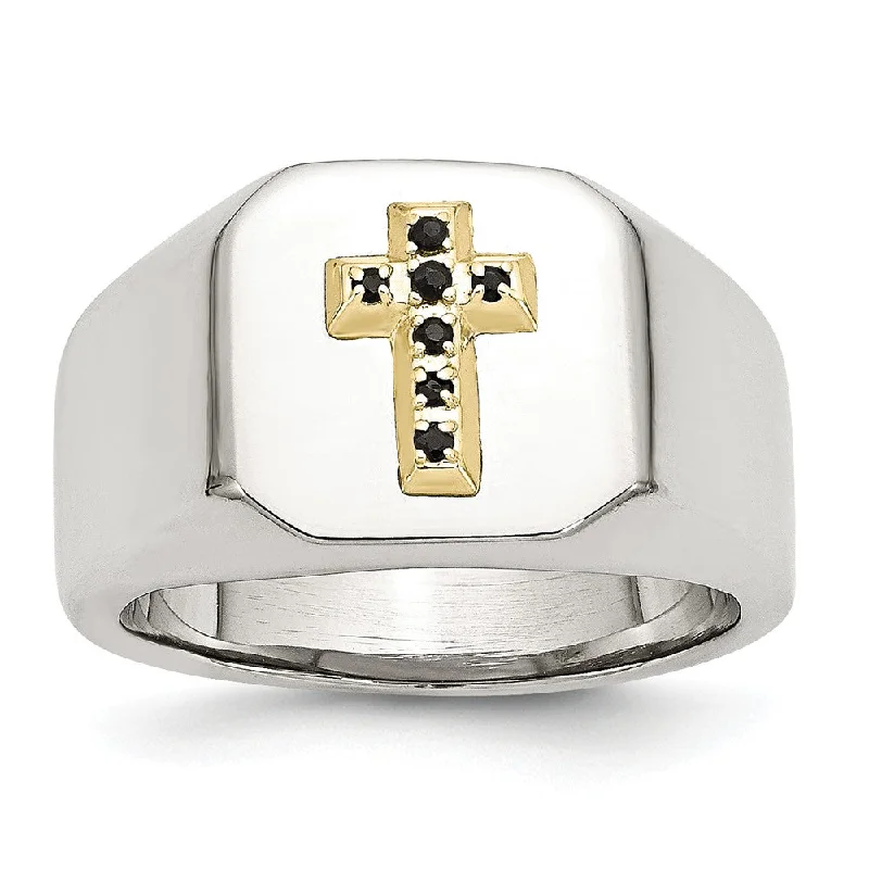 Get The Jewelry You Love At A Price You Love Stainless Steel 14K Yellow Gold Accent w Sapphires Cross Ring Get The Jewelry You Love At A Price You Love Stainless Steel 14K Yellow Gold Accent w Sapphires Cross Ring