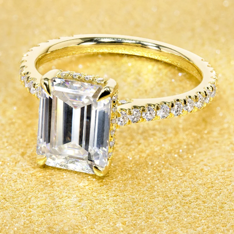 Luxury Handcrafted Jewelry For Elegant Looks The Emilia, 2.5ct Emerald-cut Cathedral Hidden Halo Ring