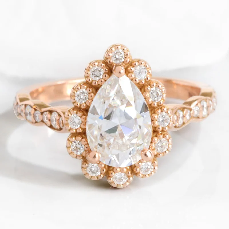 Discounted Jewelry For A Glamorous Look Pear Moissanite Engagement Ring in Vintage Luna Halo Diamond Ring