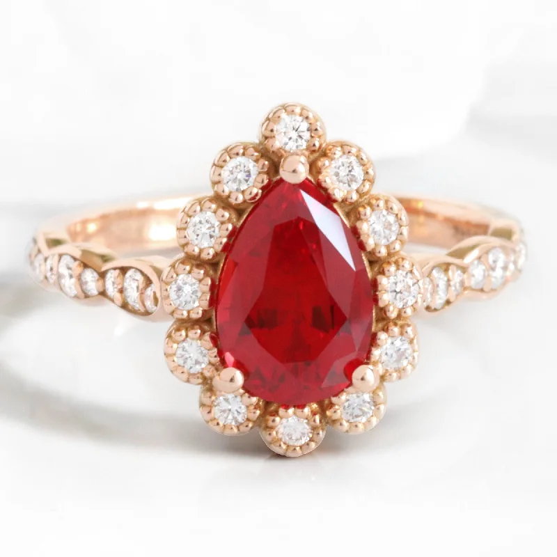 Premium Jewelry Now Available At Special Discounts Pear Ruby Engagement Ring in Vintage Luna Halo Diamond Ring