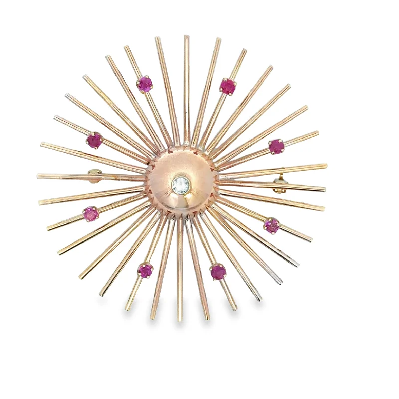 Save On Luxury Jewelry Pieces – Limited-Time Offers Vintage Retro 1940s Ruby and Diamond Sunburst Brooch in Rose Gold Save On Luxury Jewelry Pieces – Limited-Time Offers Vintage Retro 1940s Ruby and Diamond Sunburst Brooch in Rose Gold