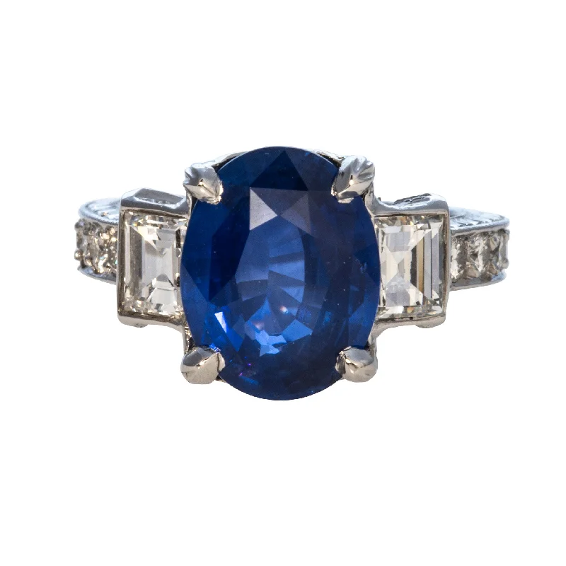 Big Savings On Your Favorite Jewelry Pieces Estate 5ct Oval Sapphire, Baguette & Round Diamond Platinum Ring