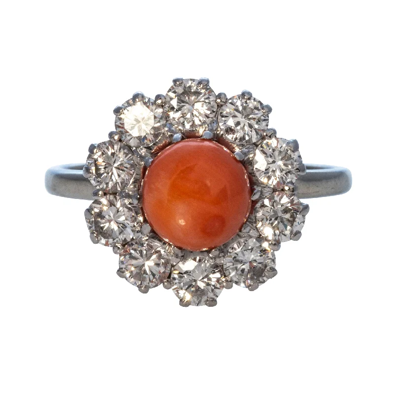 Affordable Gold-Plated Jewelry For Modern Fashion Estate Round Coral & Diamond Platinum 18K Gold Ring